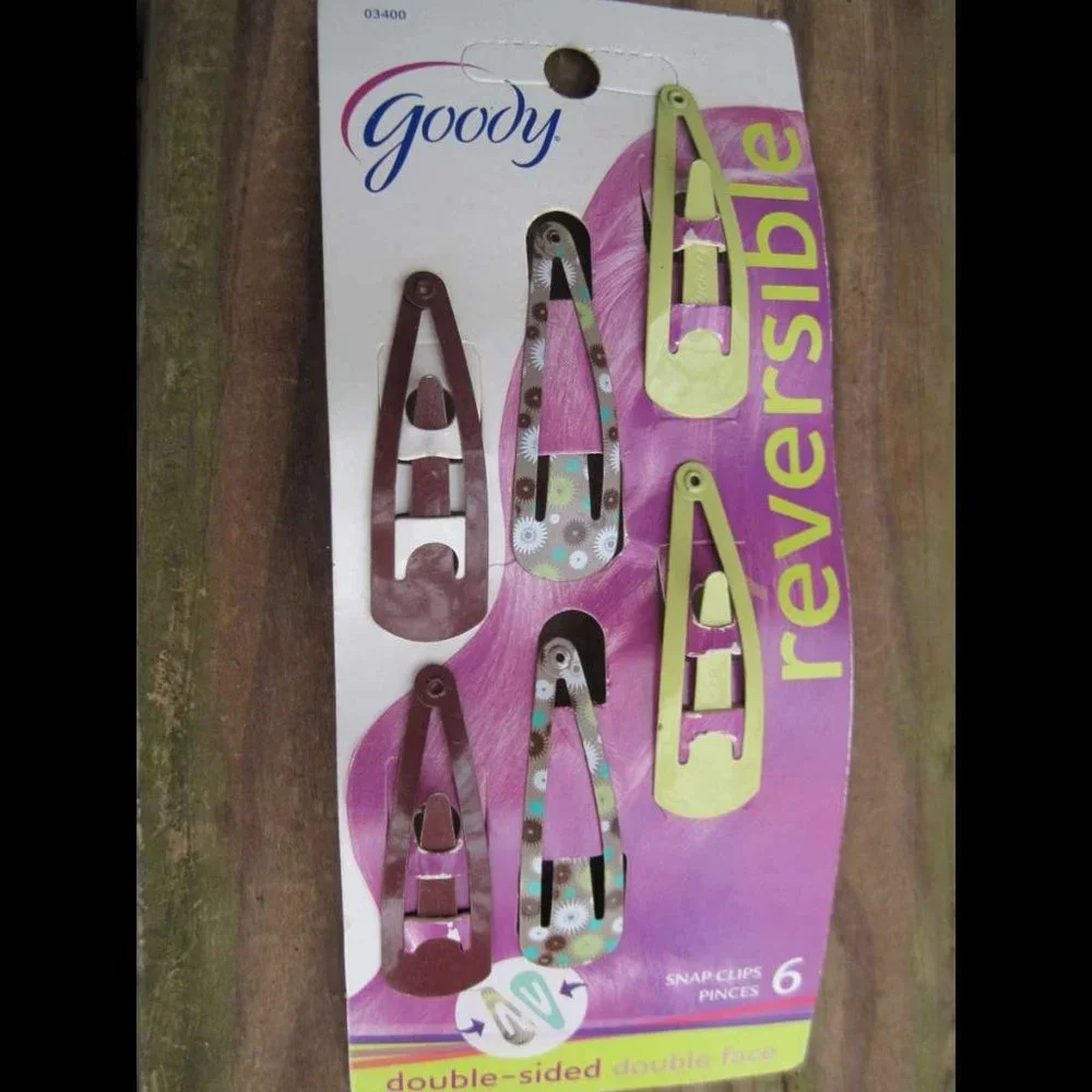 6 Goody Reversible Double Sided Snap Hair Clips Flowery & Solid Brown White